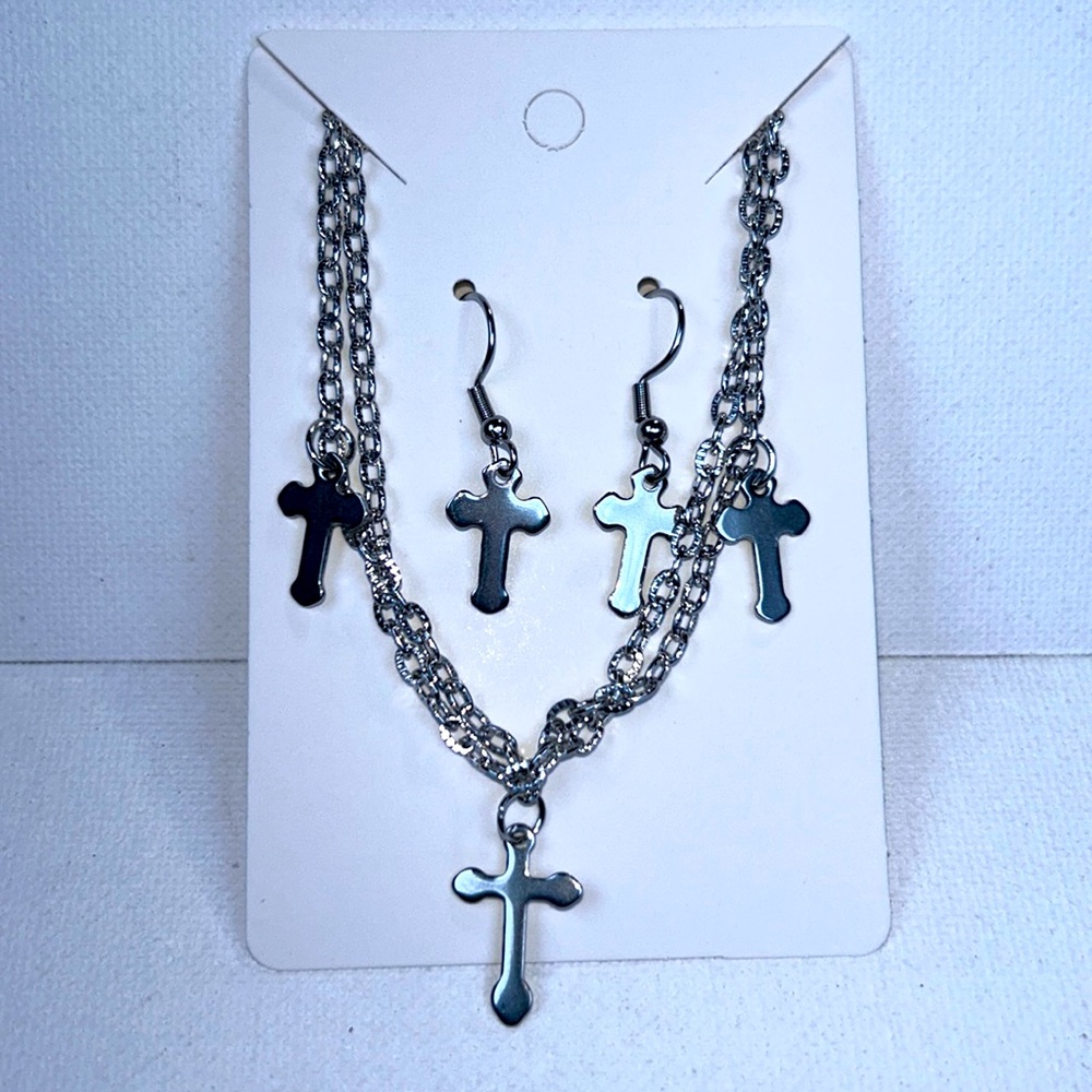 Artisan Handmade Stainless Steel “3 Dangling Crosses” Necklace & Earrings Set